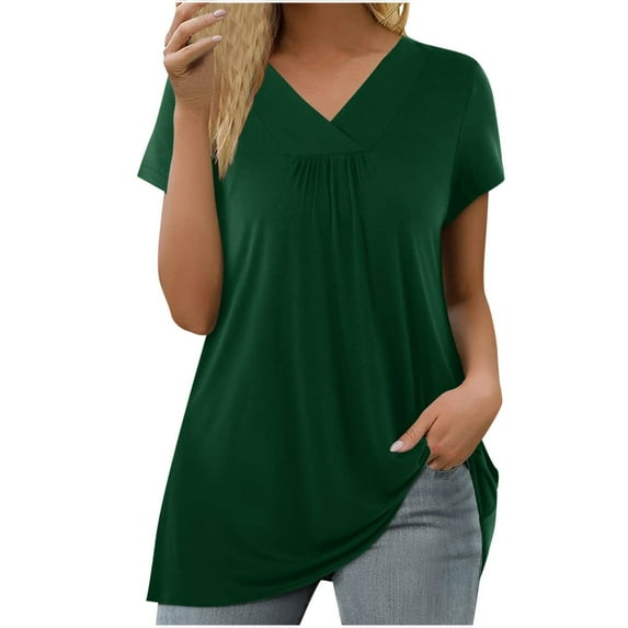 tklpehg Women’s Summer Tops Causal Short Sleeve Short Sleeve Tops Fashion Loose Ladies Tops Leisure V-Neck Tees Shirts Plain Colored Shirt Green 4(S)