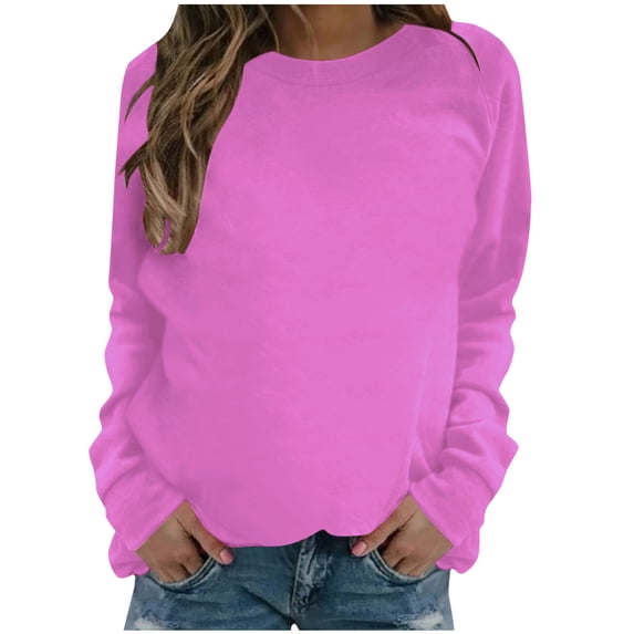 tklpehg Women's Sweatshirts Long Sleeve Casual Solid Color Comfortable Fall Fashion Crewneck Sweatshirt Raglan Sleeve Pullover Hot Pink L