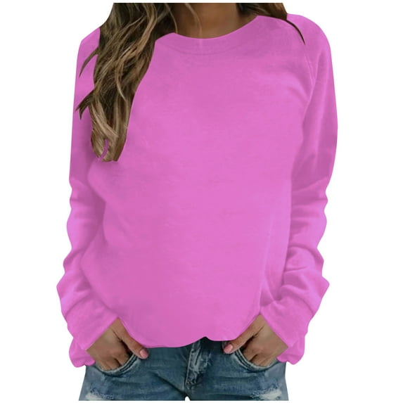 tklpehg Women's Sweatshirts Long Sleeve Casual Solid Color Comfortable Fall Fashion Crewneck Sweatshirt Raglan Sleeve Pullover Hot Pink S
