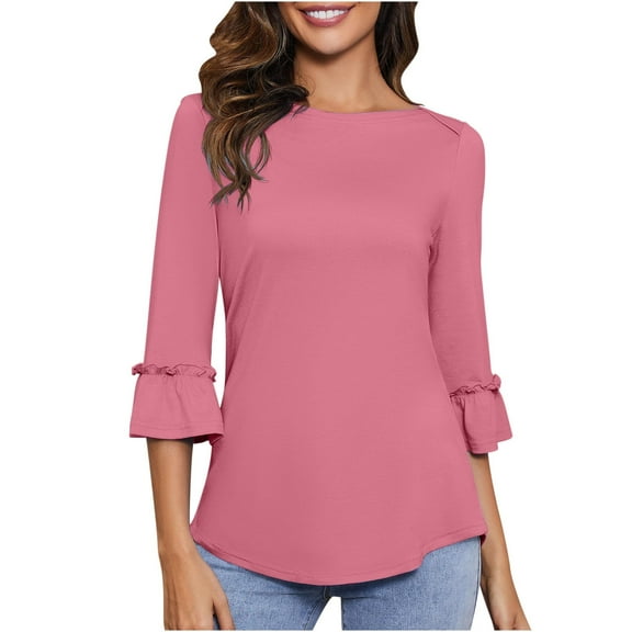 tklpehg Womens 3/4 Sleeve Tops T Shirts Vintage Going Out Tops Casual Crewneck Elegant Shirts Summer Solid Color Lightweight Loose Blouses Tshirt (Pink,L)