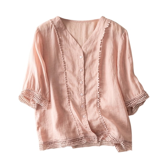 tklpehg Womens 3/4 Sleeve Tops Tunic Lightweight Loose Blouses Crewneck Button Vintage Crochet Lace Trim Half Sleeve Cotton Linen Shirt Summer Vintage Solid Color Casual Blouses (Pink,XL)