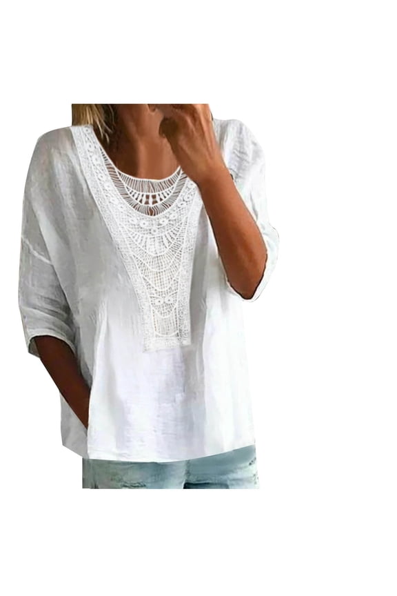 Womens Blouses Solid Color Casual Crewneck Cotton Linen Button Lace Stitching Shirts Lightweight Loose Blouses Vintage Summer Short Sleeve Tee Shirt Tshirt (White,XL)
