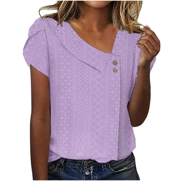 tklpehg Womens Blouses Vintage Going Out Tops Casual Short Sleeve Tee Shirt V-Neck Button Eyelet Shirts Lightweight Loose Blouses Summer Solid Color Blouses (Purple,XXL)