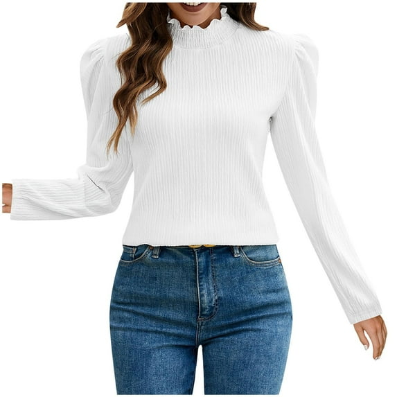 tklpehg Womens Blouses Dressy Casual Classic Solid Color Comfy Loose Going Out Tops Long Sleeve Tops Tunic Tops Crewneck Lightweight Blouses (White,L)