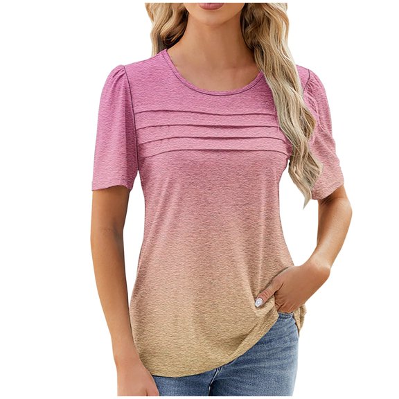 tklpehg Womens Blouses Going Out Tops Vintage Gradient Color Graphic Tee Lightweight Loose Blouses Casual Short Sleeve Tee Shirt Crewneck Basic Tops Summer Blouses (Multicolor,S)