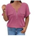 thumbnail image 1 of tklpehg Womens Blouses Solid Color V-Neck Zipper Tops Lightweight Loose Blouses Vintage Summer Going Out Tops Casual Short Sleeve Tee Shirt Tshirt (Hot Pink,XXL), 1 of 4