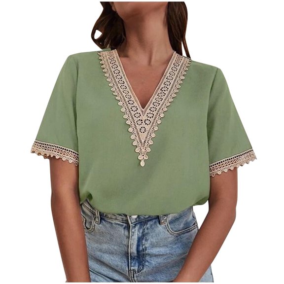tklpehg Womens Blouses V-Neck Crochet Lace Trim Patchwork Shirts Short Sleeve Tee Shirt Vintage Solid Color Summer Going Out Tops Lightweight Loose Blouses Casual Tshirt (Army Green,XL)