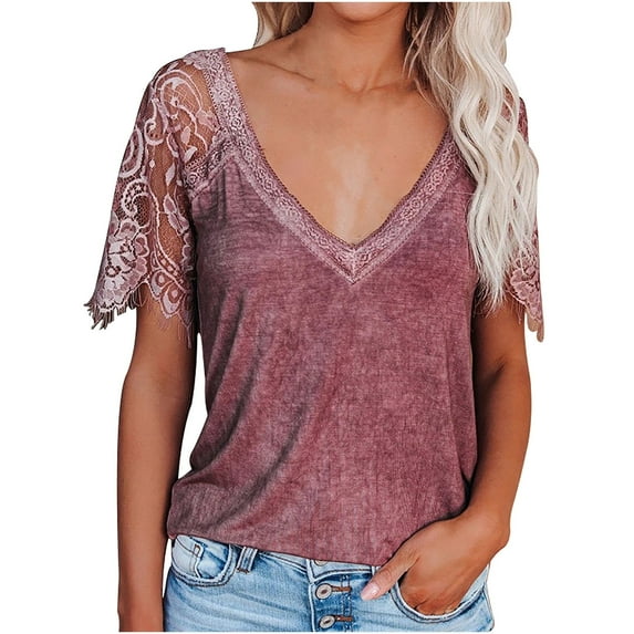 tklpehg Womens Casual Tops Short Sleeve Loose Ladies Tops Summer V-Neck Tees Shirts Lace Short Sleeve Tops Plain Colored Fashion Shirt Red 4(S)