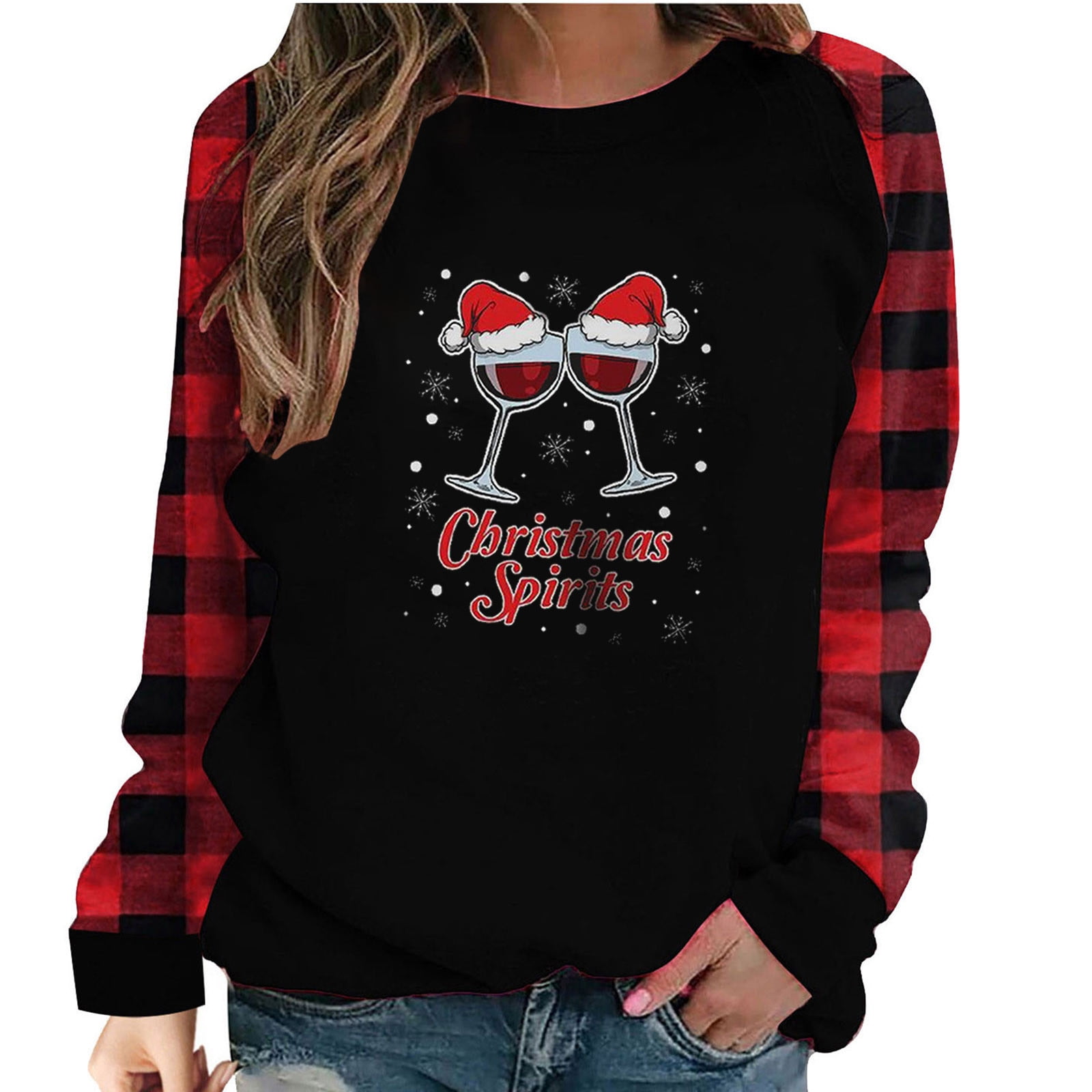 tklpehg Womens Christmas Shirts Red Wine Glass Santa Hat Graphic ...