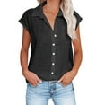 thumbnail image 1 of tklpehg Womens Clearance Tops Womens Cotton Linen Button Shirts Summer Lapel Short Sleeve Tshirt Casual Comfy Solid Color Tops Blouse Black XL, 1 of 6