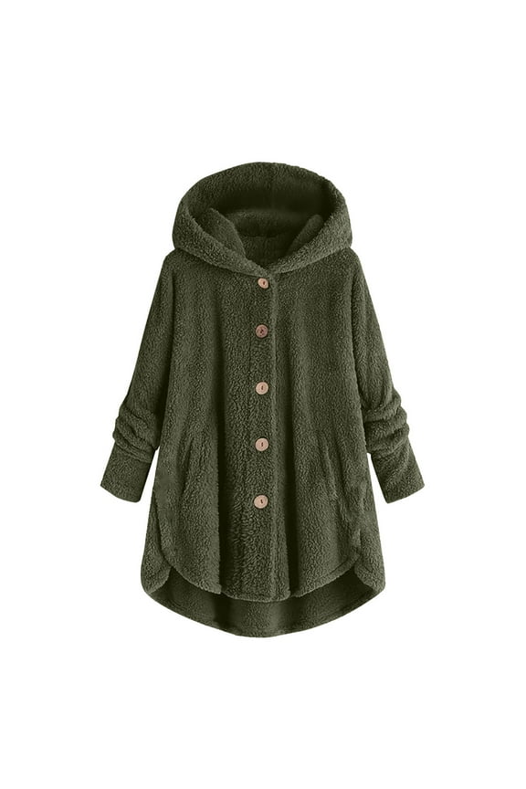 Womens Coats Outerwear Winter Fashion Solid Color Long Sleeve Tops Coats Fashion Plus Size Jacket Button Hooded Fleece Jacket Plush Warm Hoodie Outwear Casual Army Green S