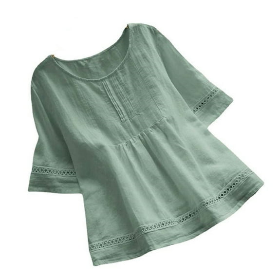 tklpehg Womens Cotton and Linen Short Sleeve Tee Shirts Summer Crewneck Comfy Holiday Tops for Women Leisure Half Sleeve T Shirt Trendy Clothes Solid Graphic Tops Tee Loose Blouse Green L