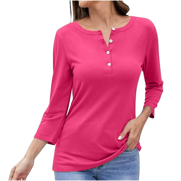 tklpehg Womens Dressy Tops Lightweight Long Sleeve Tops Tunic Tops V-Neck Classic Solid Color Casual Loose Going Out Tops Blouses (Hot Pink,S)