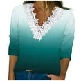 thumbnail image 1 of tklpehg Womens Dressy Tops Lightweight Tunic Tops V-Neck Crochet Lace Trim Gradient Color Casual Loose Going Out Tops Long Sleeve Tops Blouses (Green,L), 1 of 5