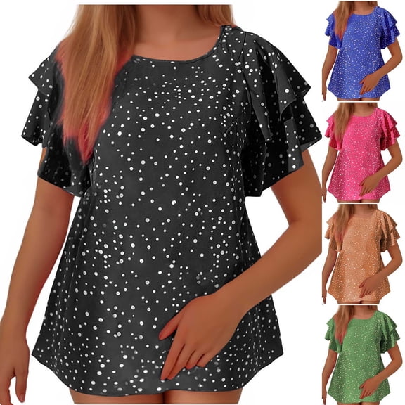 tklpehg Womens Elegant Shirts Summer Short Sleeve Casual Dreesy Tops Round Neck Double-Layer T-shirt Comfy Blouses (Black,L)