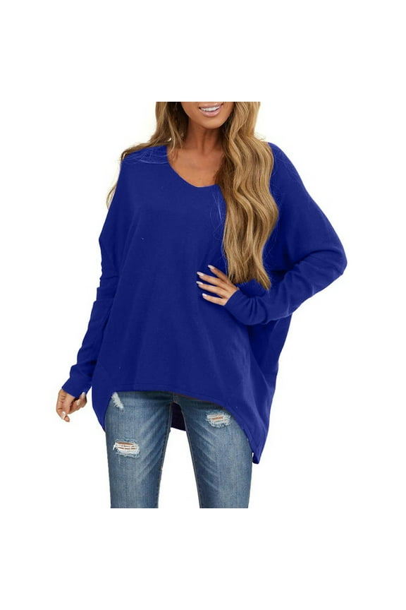 Womens Fall Clothes Solid Color Casual Round Neck Sweatshirt Womens Long Sleeve Tops Loose Fit Blouse Autumn Clothes Blue S