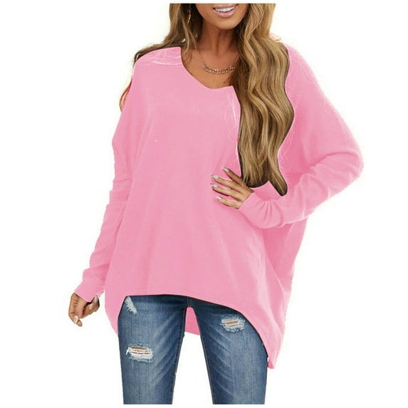 tklpehg Womens Fall Clothes Solid Color Casual Round Neck Sweatshirt Womens Long Sleeve Tops Loose Fit Blouse Autumn Clothes Pink S