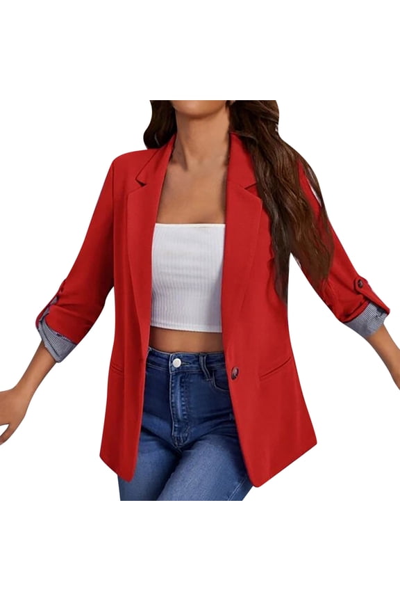 Womens Fall Coat Long Sleeve Coats Cardigan Jacket Business Attire Solid Color Stitching Stripe Long Sleeve Pocket Cardigan Coat Top Red M