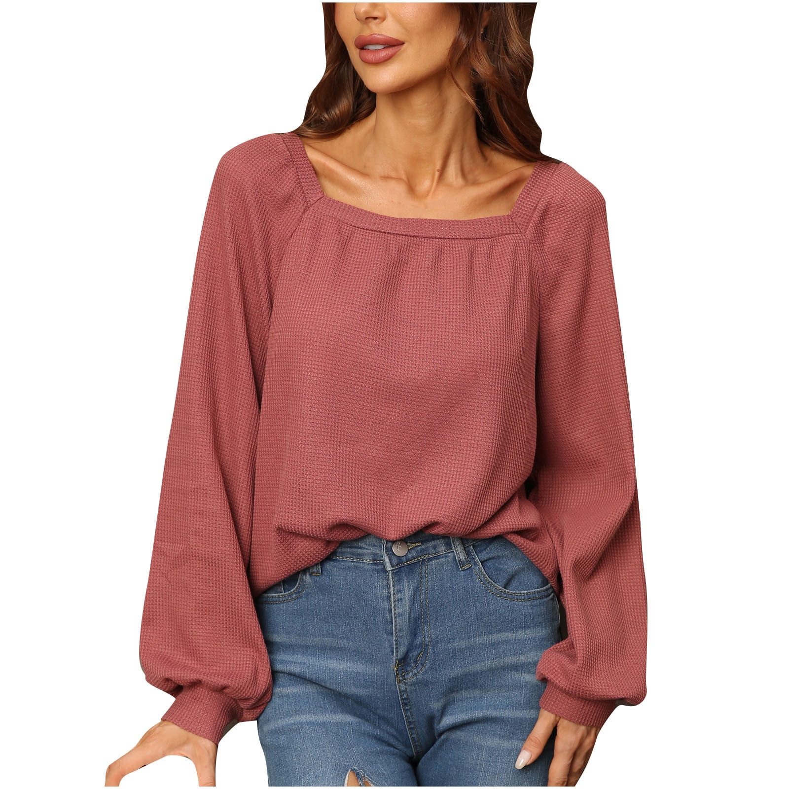tklpehg Fall Fashion for Women Long Sleeve Casual Tops Solid Color Slim  Comfy Blouse Lightweight Crewneck Trendy Tops Dressy Casual Wine S