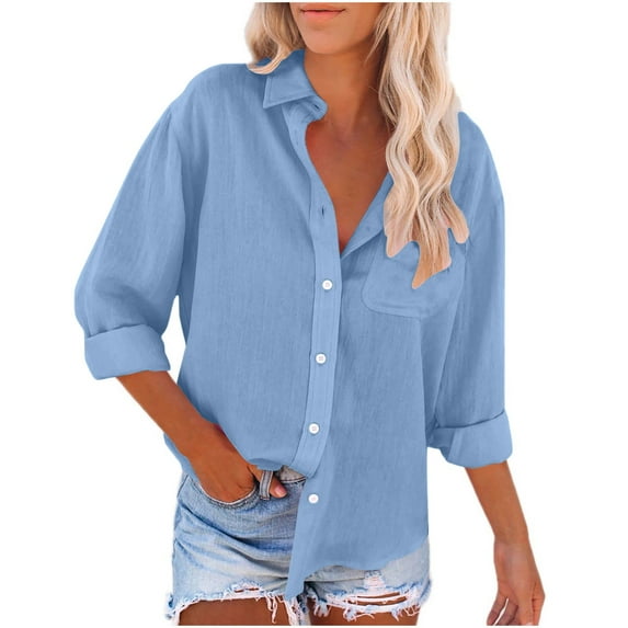 tklpehg Womens Fall Fashion 2025 Lapel Button Shirts Going Out Tops Leisure Fall Clothes Comfortable Womens Clothes Long Sleeve Tops Solid Color Pullover Light Blue XXL