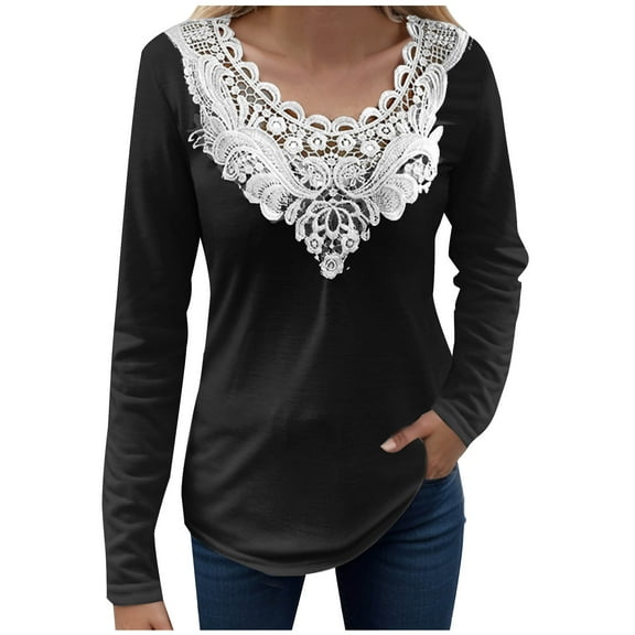 tklpehg Womens Fall Fashion 2025 V-Neck Crochet Lace Trim Going Out Tops Long Sleeve Tops Fall Clothes Solid Color Leisure Womens Clothes Comfortable Pullover Black S