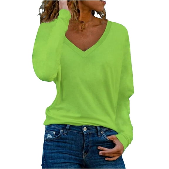 tklpehg Womens Fall Fashion 2025 V-Neck Tops Long Sleeve Tops Fall Clothes Solid Color Comfortable Leisure Going Out Tops Womens Clothes Pullover Green XXL