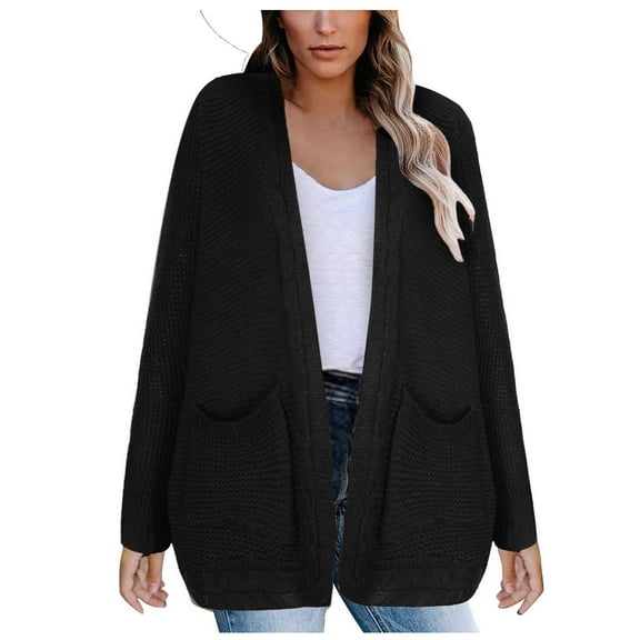 tklpehg Womens Fall Sweaters Open Front Knitted Sweater Pocket cardigan Fall Coat Overcoat Long Sleeve Solid Color Loose Leisure Outwear Black M