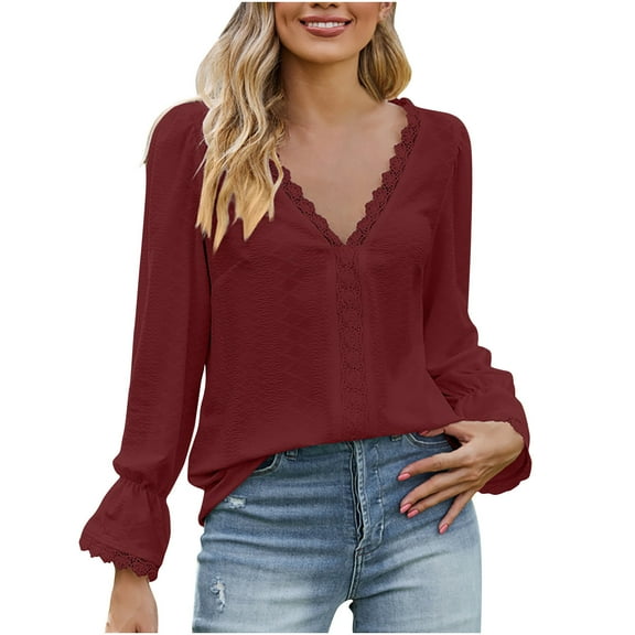 tklpehg Womens Fall Tops V-Neck Lace Elegant Shirts Long Sleeve Tops Womens Clothes Leisure Fall Clothes Solid Color Comfortable Going Out Tops Pullover Wine S