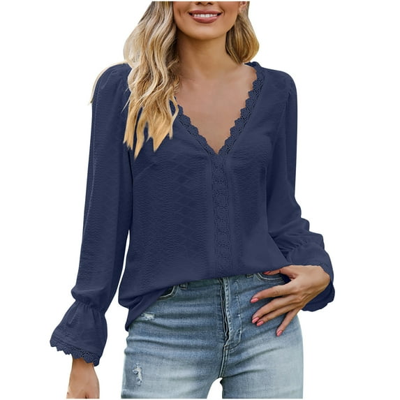 tklpehg Womens Fall Tops V-Neck Lace Elegant Shirts Long Sleeve Tops Womens Clothes Leisure Fall Clothes Solid Color Comfortable Going Out Tops Pullover Navy S