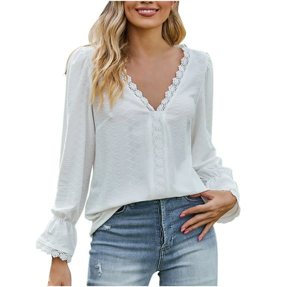 tklpehg Womens Fall Tops V-Neck Lace Elegant Shirts Long Sleeve Tops Womens Clothes Leisure Fall Clothes Solid Color Comfortable Going Out Tops Pullover White L