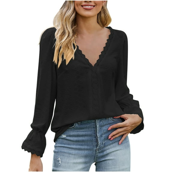 tklpehg Womens Fall Tops V-Neck Lace Elegant Shirts Long Sleeve Tops Womens Clothes Leisure Fall Clothes Solid Color Comfortable Going Out Tops Pullover Black XXL