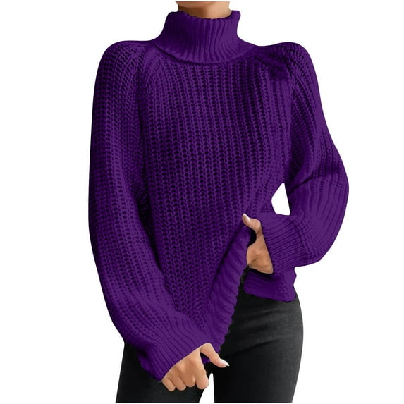 tklpehg Womens Fashion Loose Fall Winter Warm Sweater Knit Sweater Turtleneck-Neck Sweater Long Sleeve Tops Fashion Casual Solid Color Pullover Sweaters Purple XXL