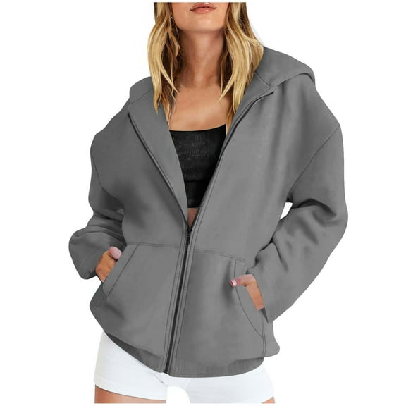 tklpehg Womens Full Zipper Fleece Hoodies Jackets Long Sleeve Tops Lightweight Casual Going Out Tops Vintage Sweatshirt Classic Solid Color Loose Hooded Pullover (Gray,XXL)