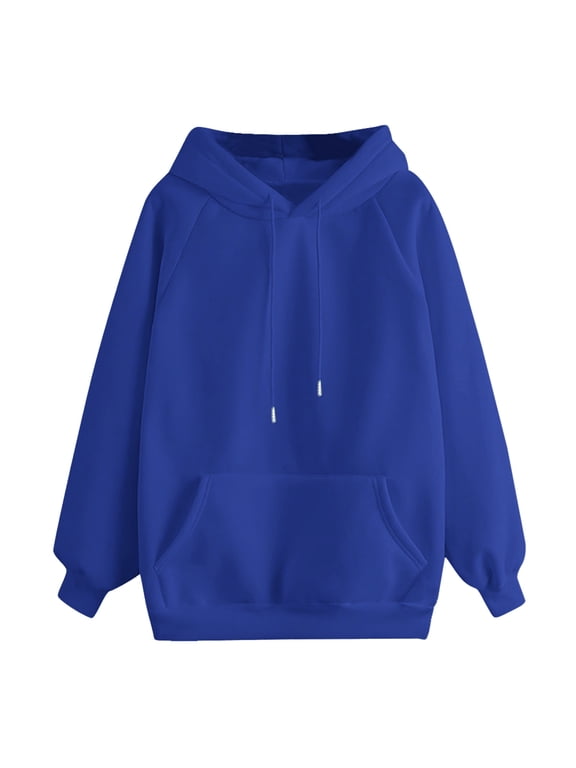 Womens Hoodies Fall Ladies Tops Trendy Hooded Drawstring with Pocket Sweatshirt Solid Color Casual Graphic Hoodie Comfy Loose Fit Pullover Tops Long Sleeve Tops Blue L