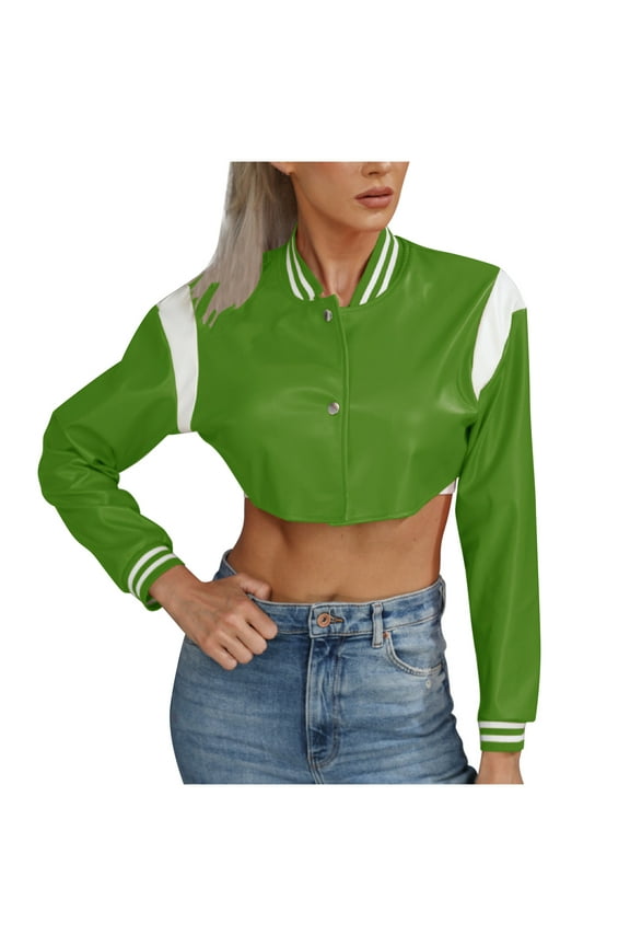 Womens Jackets and Coats Clearance Fall Leather Jacket Baseball Short Coat Long Sleeve Loose Fall Coat Leisure Overcoat Solid Color Outwear Green L