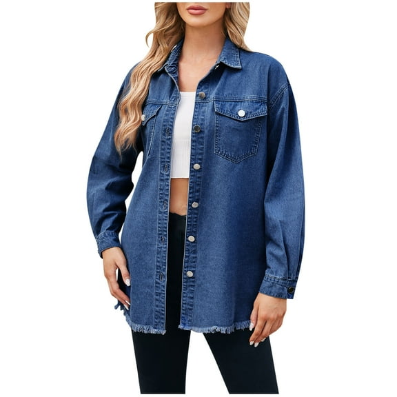 tklpehg Womens Jackets and Coats Button Denim Jacket Loose Leisure Overcoat Long Sleeve Fall Coat Solid Color Outwear Dark Blue S