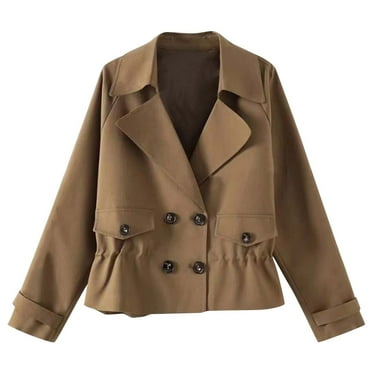 tklpehg Womens Jackets and Coats Fall Button Drawstring Short Coats Long Sleeve Fall Coat Loose Leisure Overcoat Solid Color Outwear Brown M