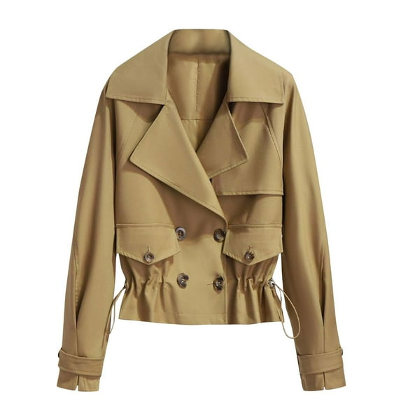 tklpehg Womens Jackets and Coats Fall Button Drawstring Short Coats Long Sleeve Fall Coat Loose Leisure Overcoat Solid Color Outwear Khaki M