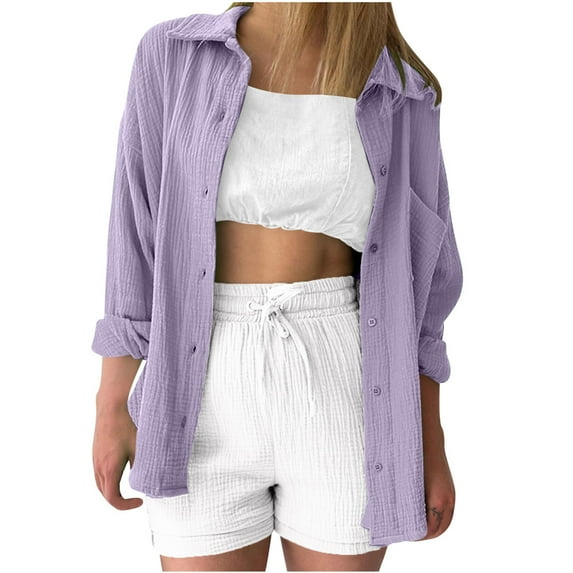 tklpehg Womens Jackets and Coats Lightweight Button Shirts Jacket Fall Coat Leisure Overcoat Loose Solid Color Long Sleeve Outwear Purple M