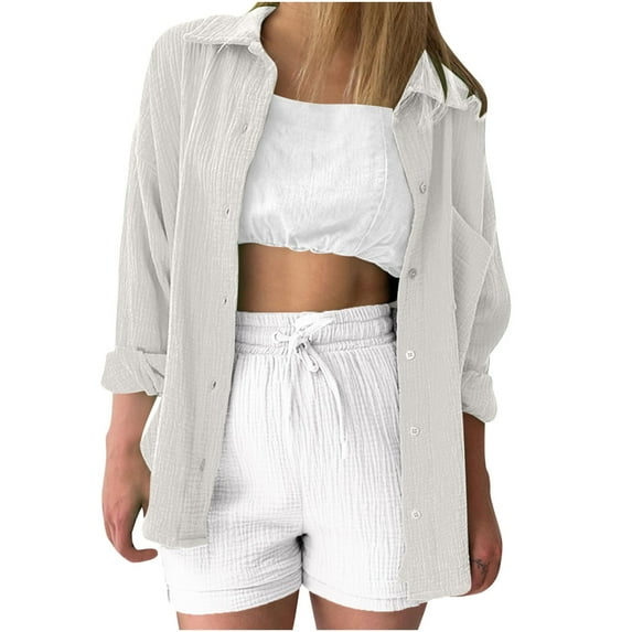 tklpehg Womens Jackets and Coats Lightweight Button Shirts Jacket Fall Coat Leisure Overcoat Loose Solid Color Long Sleeve Outwear White M