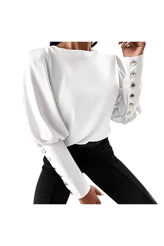 Womens Long Sleeve Shirts Baggy Comfortable Blouses Pullover Tops Long Sleeve Tunic Tops Trendy Solid Color Crewneck Mutton Leg Sleeves Leisure Fall Tops White XL