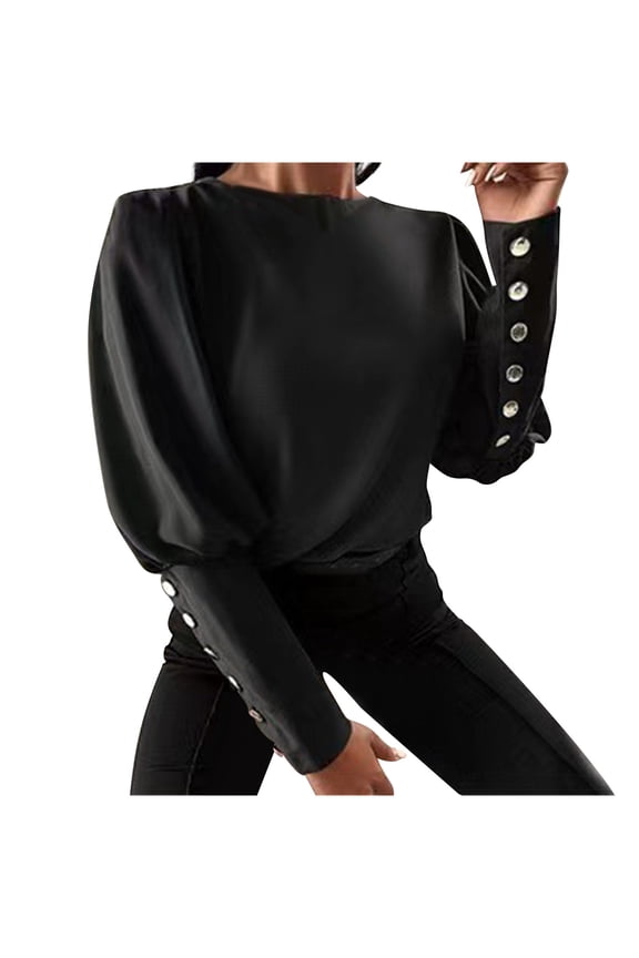 Womens Long Sleeve Shirts Baggy Comfortable Blouses Pullover Tops Long Sleeve Tunic Tops Trendy Solid Color Crewneck Mutton Leg Sleeves Leisure Fall Tops Black XXXL