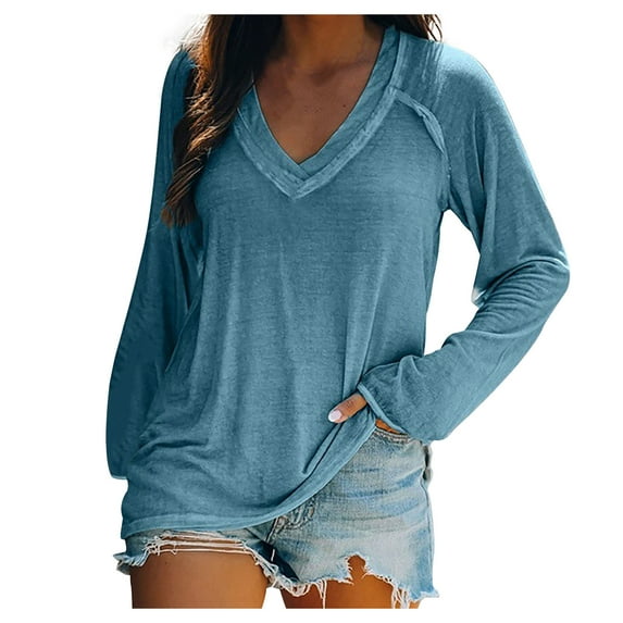 tklpehg Womens Long Sleeve Tee Shirt Trendy V-Neck Leisure Long Sleeve Tunic Tops Solid Color Fall Tops Baggy Comfortable Blouses Pullover Tops Blue XL