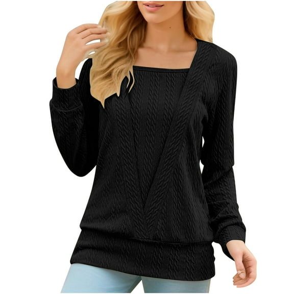 tklpehg Womens Long Sleeve Tops Splicing Fake Two Blouse Going Out Tops Tunic Tops Square Neck Loose Classic Solid Color Lightweight Casual Blouses (Black,XXL)