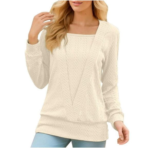 tklpehg Womens Long Sleeve Tops Splicing Fake Two Blouse Going Out Tops Tunic Tops Square Neck Loose Classic Solid Color Lightweight Casual Blouses (Yellow,XXL)