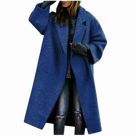 tklpehg Womens Long Winter Coats Loose Lapel Long Sleeve Temperament Belt Long Woolen Coat Solid Color Casual Winter Warm Jacket Overcoat (Blue,M)