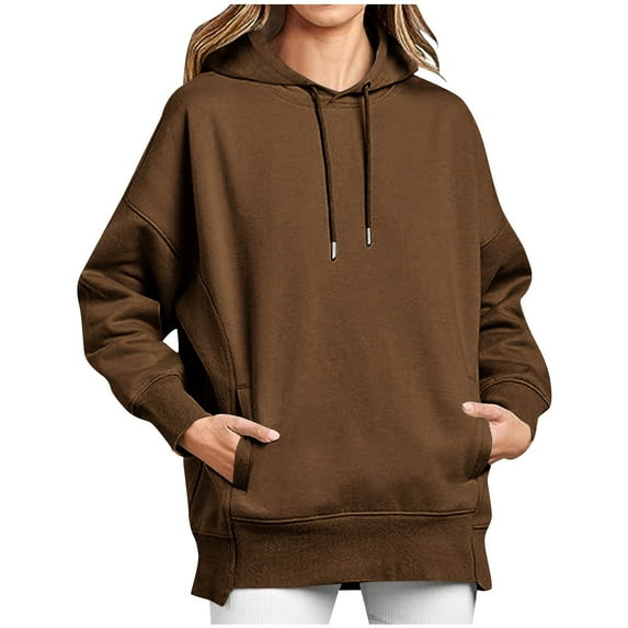 tklpehg Womens Oversized Hoodies with Pocket Drawstring Hooded Pullover Fleece Sweatshirts Classic Solid Color Long Sleeve Going Out Tops Vintage Sweatshirt Pullover (Brown,XL)