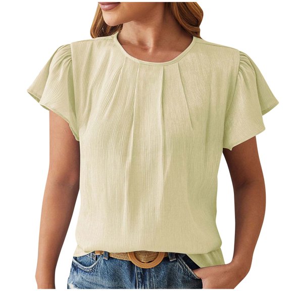 tklpehg Womens Short Sleeve Shirts Summer Lightweight Loose Blouses Vintage Solid Color V-Neck Ruffle Sleeve Pleated Shirts Casual Blouses (Green,XL)