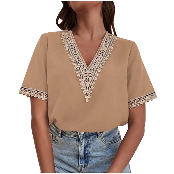 tklpehg Womens Short Sleeve Shirts V-Neck Crochet Lace Trim Patchwork Shirts Vintage Solid Color Summer Lightweight Loose Blouses Casual Tshirt (Khaki,XL)