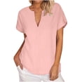 thumbnail image 1 of tklpehg Womens Short Sleeve Shirts Vintage Solid Color Going Out Tops Lightweight Loose Blouses Casual Summer V-Neck Button Shirts Tshirt (Pink,M), 1 of 8
